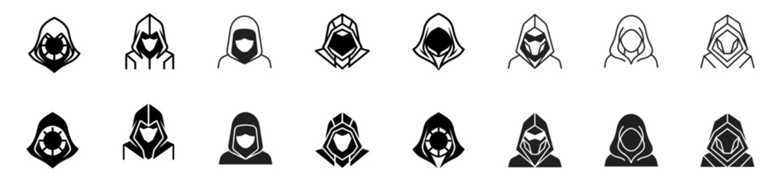 hacker avatar icon set, anonymous hooded user, cyber security threat, privacy breach and digital crime concept, outline and solid vector collection on transparent background