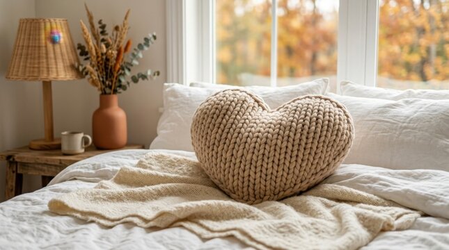 Cozy bed interior with a beige heart-shaped chunky knit pillow on a cream wool throw, soft autumn light, and warm boho hygge decor.

