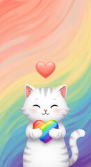 Fototapeta premium A smiling white cat holds a rainbow heart against a soft, gradient background, symbolizing pride, acceptance, and love, perfect for celebratory or inclusive themes