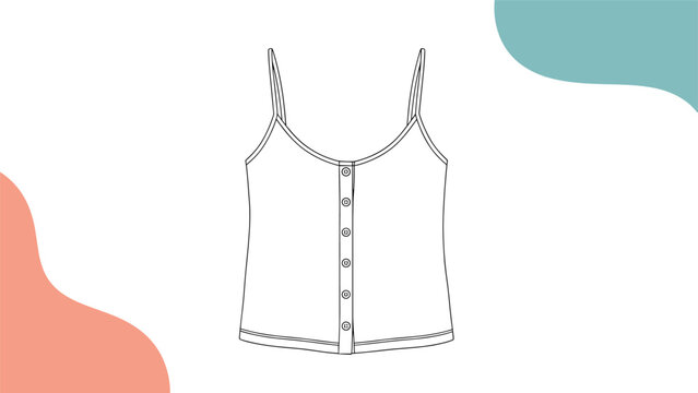 Simple line art drawing of a women's sleeveless camisole top, featuring a button-down front and delicate spaghetti straps, perfect for casual wear.