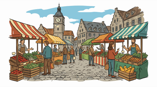 Busy Farmers Market Illustration