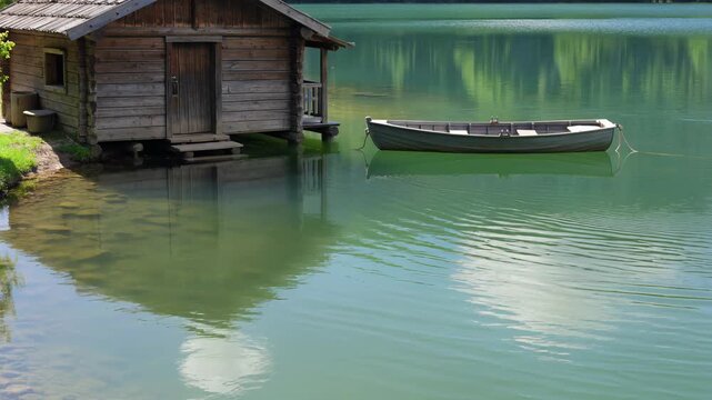Wooden boathouse on a serene mountain lake with a docked rowing boat