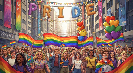 Fototapeta premium A diverse crowd celebrates during a pride parade, with rainbow flags, balloons, and banners lining a city street, symbolizing community and acceptance
