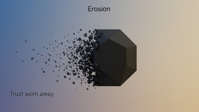 Black geometric shape eroding into fragments on a gradient background