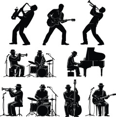 Jazz band musician silhouettes set with saxophone trumpet guitar piano and drums, black isolated figures collection for music design projects © Hadiul