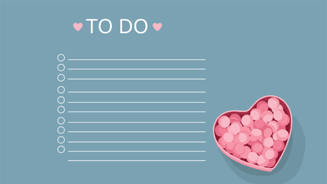 Cute and romantic "To Do" list template, adorned with small hearts and accompanied by an open heart-shaped box filled with pink candies, ideal for Valentine's or self-care.