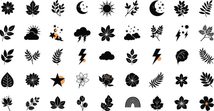 Minimalist grid of nature and celestial icons including leaves, flowers, clouds, stars, moons, and rainbow for decorative design