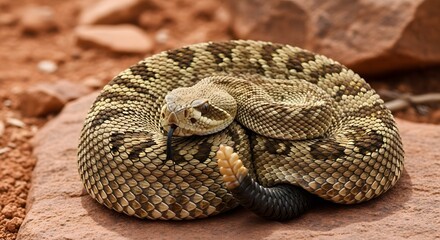 Obraz premium Coiled rattlesnake on rocky terrain