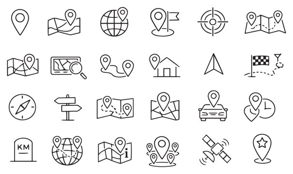 navigation mapping and geographic location line icons vector