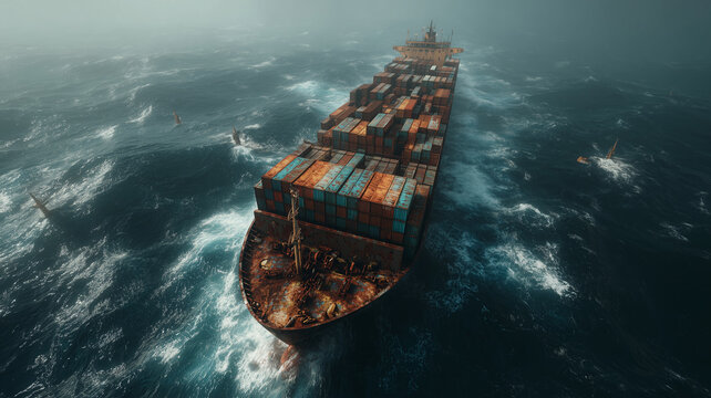 Container ship skillfully navigating treacherous waters with naval mines nearby