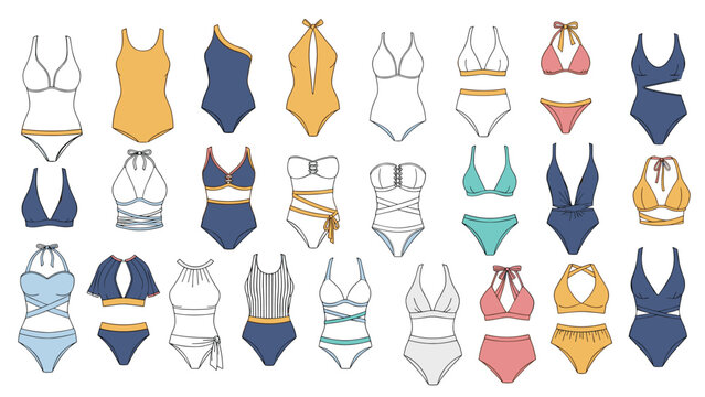 Diverse and extensive collection of women's swimsuits and bikinis in various styles, colors, and cuts, offering a comprehensive representation of swimwear fashion.