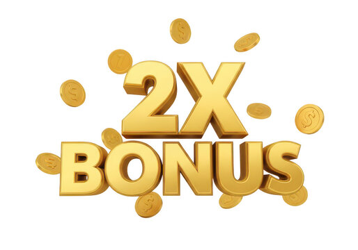 Glossy 2x bonus text with sparkling gold stars isolated on transparent background