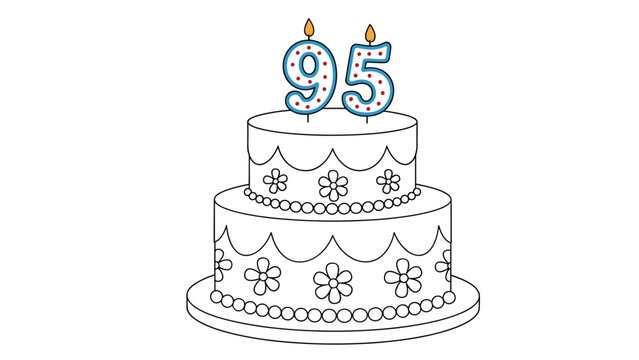 Charming line art drawing of a two-tiered celebration cake, adorned with floral patterns and bead details, topped with glowing number "95" candles, ready for coloring.