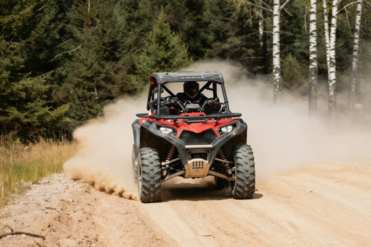 Driver wears helmet, riding red UTV through dust on dirt road. Side-by-side vehicle drives fast past trees on sunny day. Offroad adventure creates sand spray.