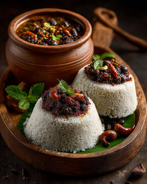 Delicious Kerala puttu served with kadala curry in a traditional setting
