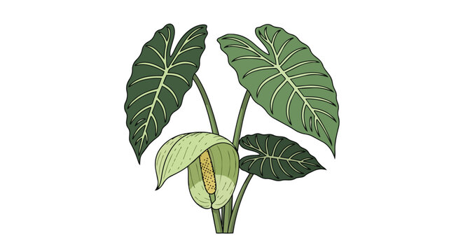 Botanical Illustration of Tropical Elephant Ear Plant with Large Green Leaves and Spathe Flower Isolated on White Background