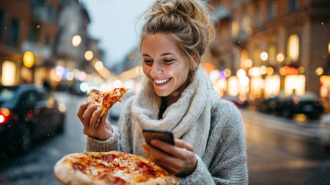 Smiling woman enjoys pizza and texts on phone in a charming city street