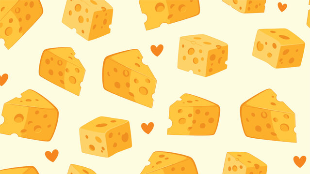 Whimsical seamless pattern featuring scattered blocks of various cheeses and small orange hearts, ideal for food-related designs, kitchen decor, or culinary themes.