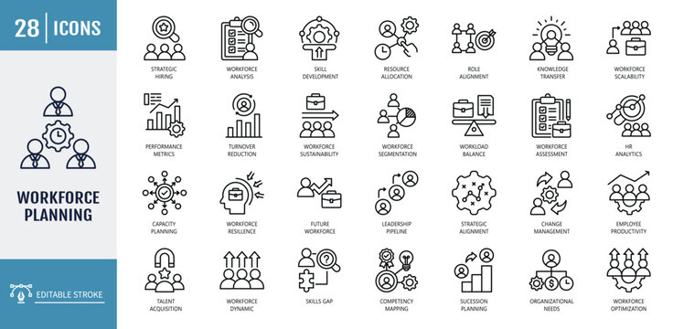 Workforce planning icon set. Including acquisition, analysis, skills gap, succession planning, employee retention, optimization, labor forecasting. Outline icon set. Vector illustration with editable 