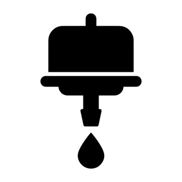 Black silhouette of drip irrigation emitter and water drop icon, minimalist vector graphic