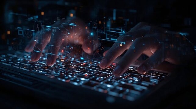 Close up of hands typing on laptop keyboard with blue holographic data stream overlays, cyber security and artificial intelligence concept
