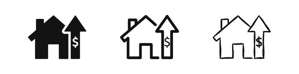 Real Estate Market Growth Icon Set Showing House with Upward Price Arrow © drawing lines
