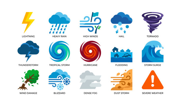 Weather hazard symbols representing storms and severe events