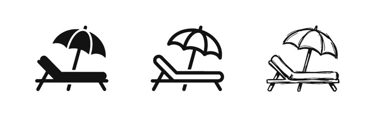 Obraz premium Beach Sunbed and Umbrella Icons for Summer Vacation and Travel Themes