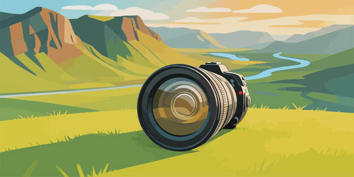 Photographic Lens Placed on Outdoor Grassland Landscape
