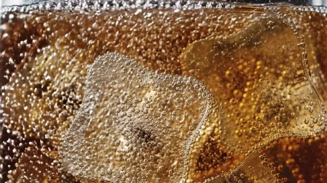 Carbonated drink with rising bubbles closeup.