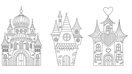 Obraz premium Intricate black and white outline drawings of three distinct fantastical castles or ornate fairytale buildings, each featuring unique architectural styles and details.