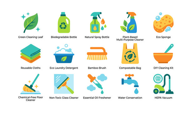 Eco cleaning icons showing sustainable products on white