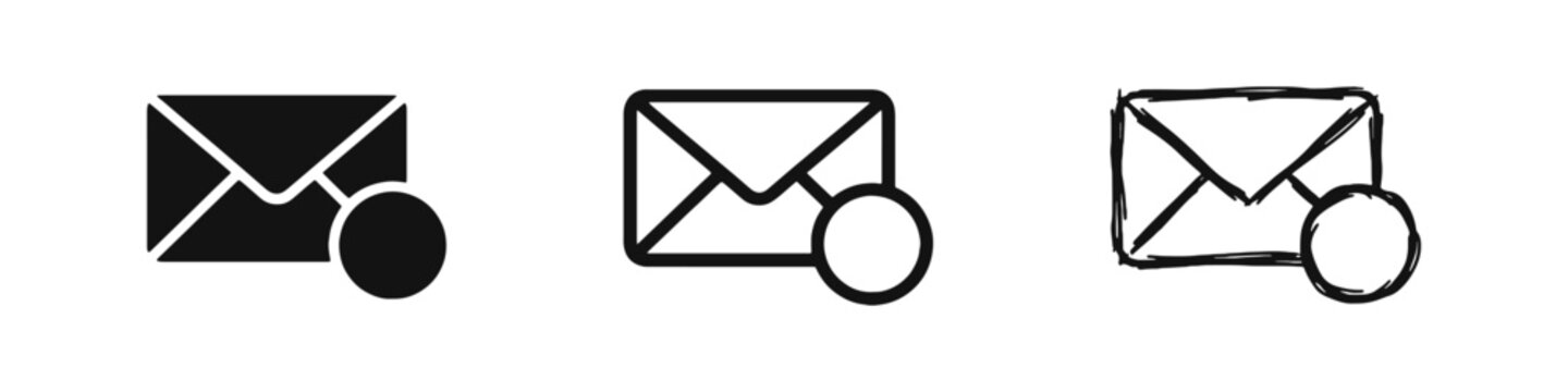 Email Notification Icon Set with Envelope and Status Circle in Different Styles