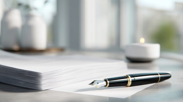 Fountain pen lying on a stack of blank white paper on a desk, representing writing, creativity, and communication