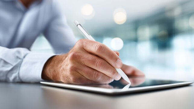 Hand holding a stylus pen, making a digital signature on a tablet screen. Concept of paperless, e signing, and technology