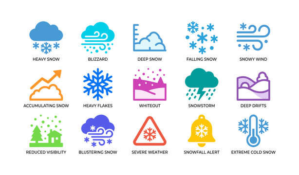 Snow and winter hazard icons arranged on white background