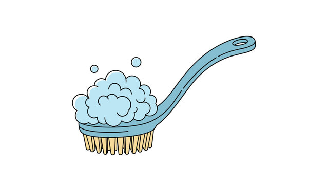 Cartoon illustration of a long-handled bath brush covered in fluffy soap suds and sparkling bubbles, depicting a relaxing and clean bath experience.