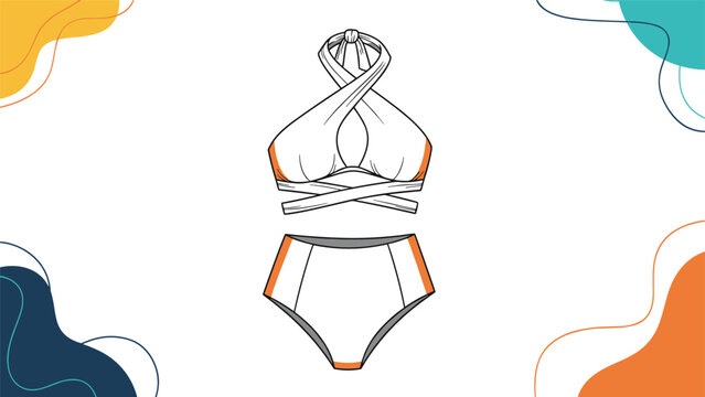 Stylish line art illustration of a two-piece swimsuit, featuring a criss-cross halter neck top and high-waisted bottoms with vibrant orange accents.