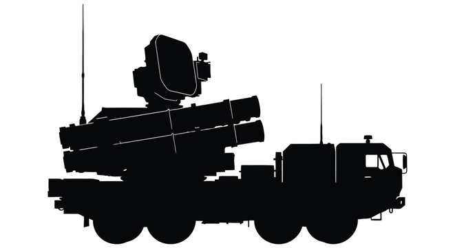 Silhouette of a military vehicle with missile launchers side view against white