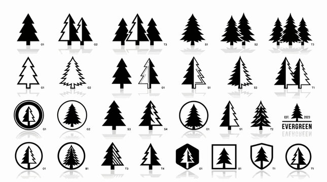 Set of black and white pine tree logo icons and symbols.
