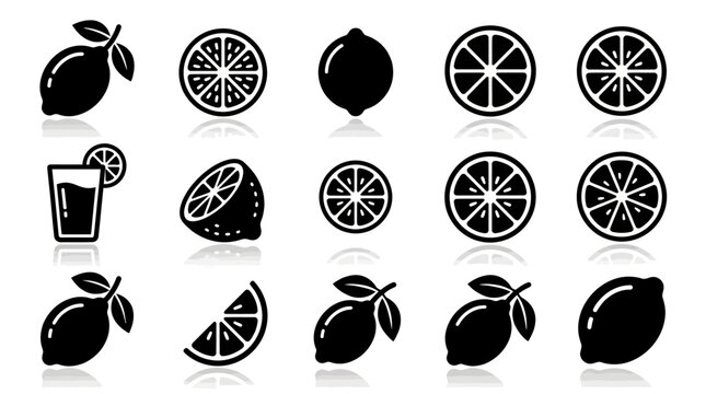 Set of black lemon and lime fruit icons.