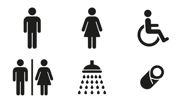 Set of black flat vector bathroom and facility signage icons.
