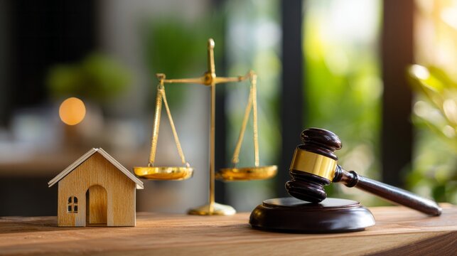Judge gavel, house model, and scales of justice on a wooden desk, symbolizing property law and housing legal decisions