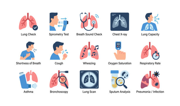 Lung examination and respiratory condition icons on white