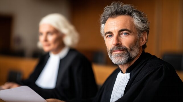 Male legal professional in a robe and white jabot looking directly at the viewer, with a colleague in the background