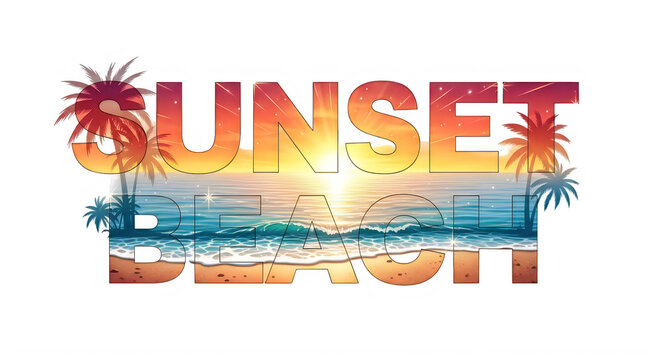 Sunset beach typography with tropical landscape and palm trees