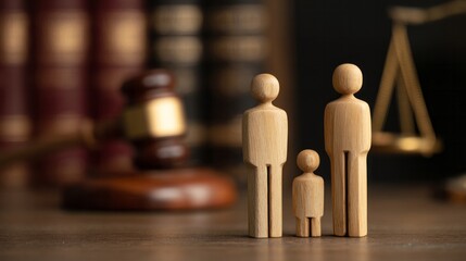 Fototapeta na wymiar Wooden family figures stand on a desk with a blurred judge's gavel, law books, and scales of justice, representing family disputes and legal protection