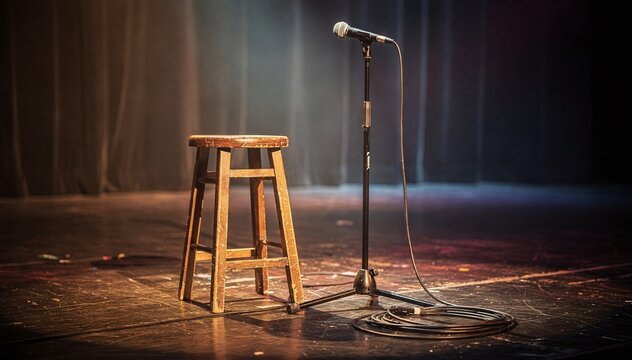 Empty Stage Spotlighted Awaiting Performance: A Classic Microphone and Wooden Stool Set for a Stand-Up Comedy Show or Music Gig Under Warm Lighting