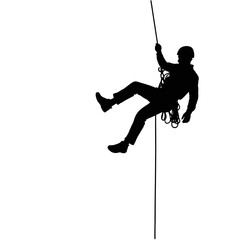 Silhouette of a man rappelling down a rope against a white background representing adventure and extreme sports © Nomads Studio