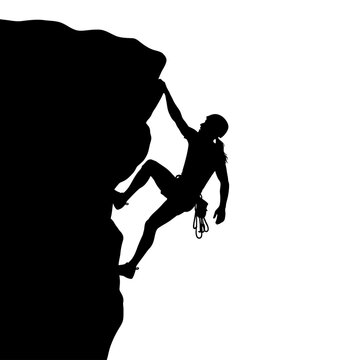 Silhouette of a Determined Rock Climber Ascending a Steep Cliff Face Achieving New Heights